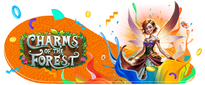 Charms of the Forest slot game banner featuring a glowing fairy with golden wings, wearing a mystical outfit, surrounded by colorful swirling ribbons and gold coins. The game title is displayed on a wooden sign adorned with green leaves and pink flowers.