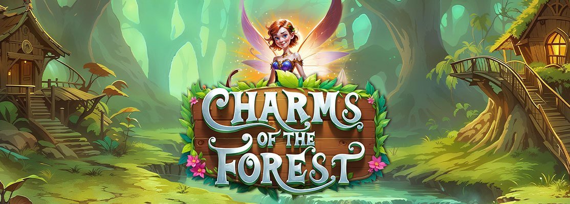 Charms of the Forest slot game banner featuring a glowing fairy with golden wings hovering above the game's wooden title sign, which is adorned with green leaves and pink flowers. The background showcases a mystical forest with wooden treehouse dwellings, lush greenery, and a small stream flowing through the scene.