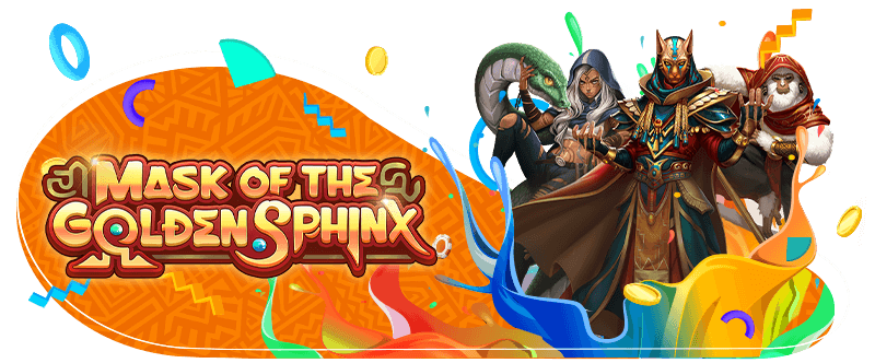 Mask of the Golden Sphinx slot game promotional banner featuring an Egyptian warrior in a golden mask, a mystical sorceress with a snake, and a hooded sage, surrounded by vibrant colours, coins, and game elements.