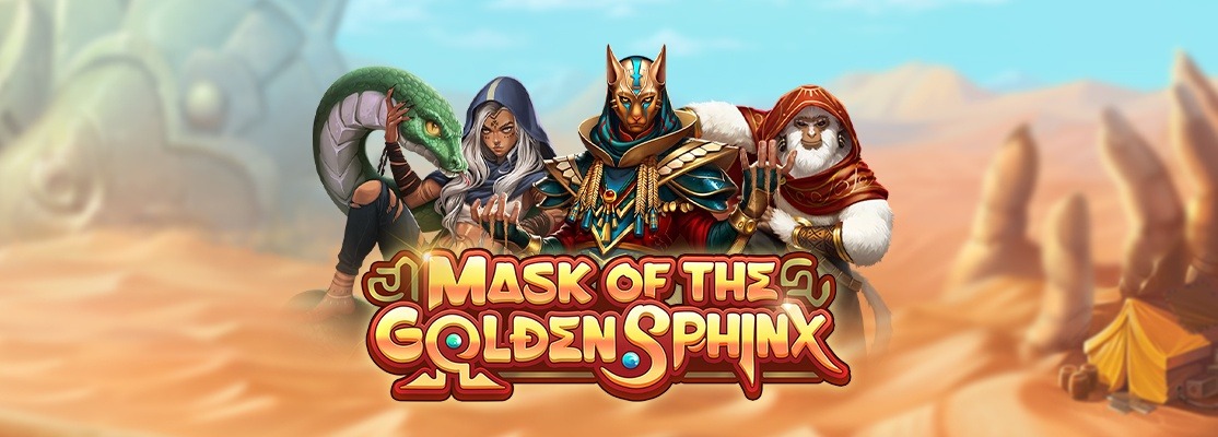 Mask of the Golden Sphinx slot game banner featuring an ancient Egyptian warrior in a golden mask, a mystical sorceress with a snake, and a hooded sage in a desert setting.