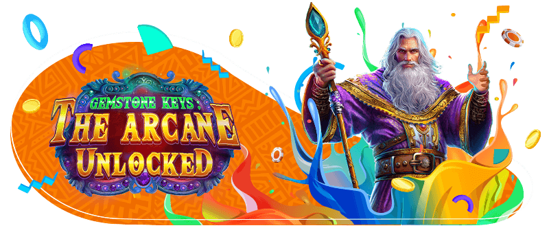 Gemstone Keys: The Arcane Unlocked promotional banner featuring a powerful wizard holding a glowing staff, colorful magical energy, and casino elements.