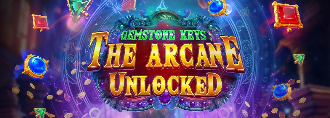 Vibrant promotional banner for the slot game 'Gemstone Keys: The Arcane Unlocked' featuring glowing magical symbols, floating gemstones, and golden coins against an enchanted background.