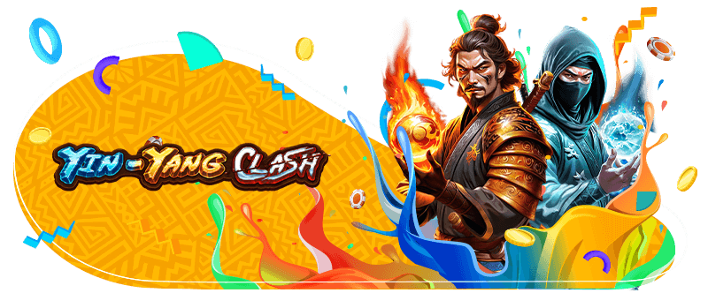 Colorful and dynamic Yin-Yang Clash logo with a samurai and ninja, framed by vibrant paint splashes and geometric shapes on a golden background.