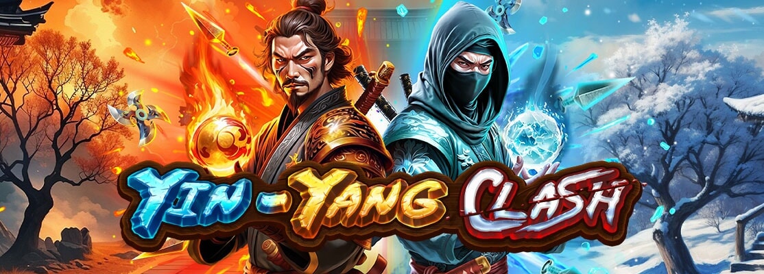 Yin-Yang Clash game banner featuring a fiery samurai and a frosty ninja against contrasting backgrounds of flames and ice.