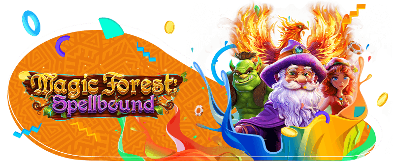 Promotional banner for 'Magic Forest: Spellbound' with a wizard, troll, and woman character in a whimsical, colorful forest setting, with the game's title in a fancy font