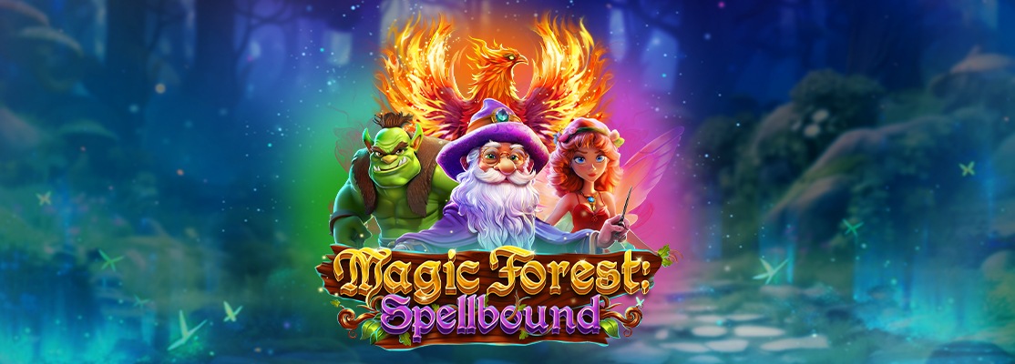 Wide banner for 'Magic Forest: Spellbound' depicting a vibrant enchanted forest backdrop with a smiling green troll, a purple-hatted wizard with fiery magic, and a fairy-like woman, alongside the ornate game title.