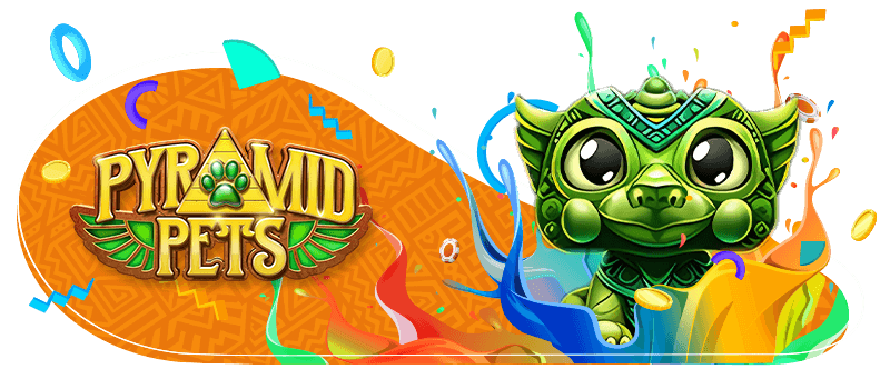 Promotional banner for 'Thunderbolt Casino's 'Pyramid Pets' slot game logo with an Egyptian turtle mascot and festive confetti.