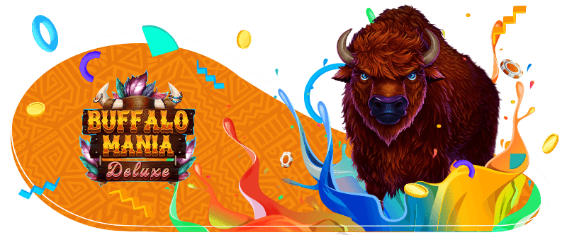 A fierce buffalo with glowing eyes next to the Buffalo Mania Deluxe logo on a vibrant, colorful background.