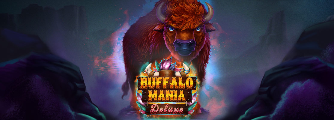 Buffalo Mania Deluxe game cover featuring a fierce buffalo with glowing eyes against a mystical background.