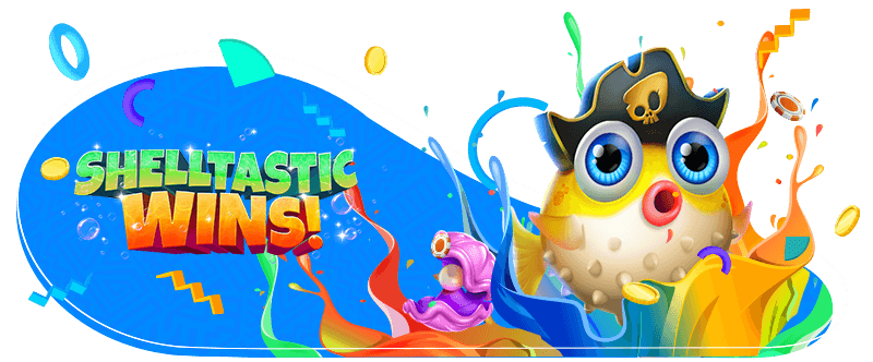 Promotional graphic for 'Shelltastic Wins!' slot game at Thunderbolt Casino, featuring a cheerful blowfish in a pirate hat amidst colorful splashes and confetti.