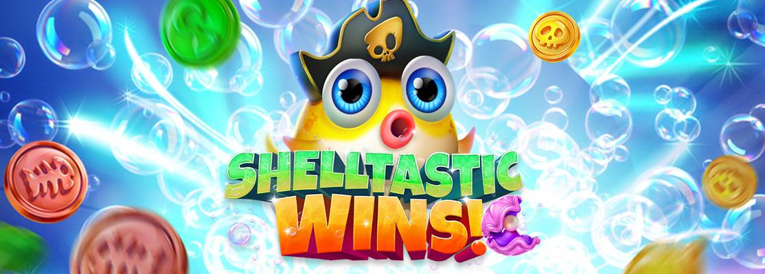 Banner for 'Shelltastic Wins!' slot game featuring a joyful blowfish in a pirate hat, surrounded by colorful bubbles and floating coins, with vibrant text announcing 'Shelltastic Wins!