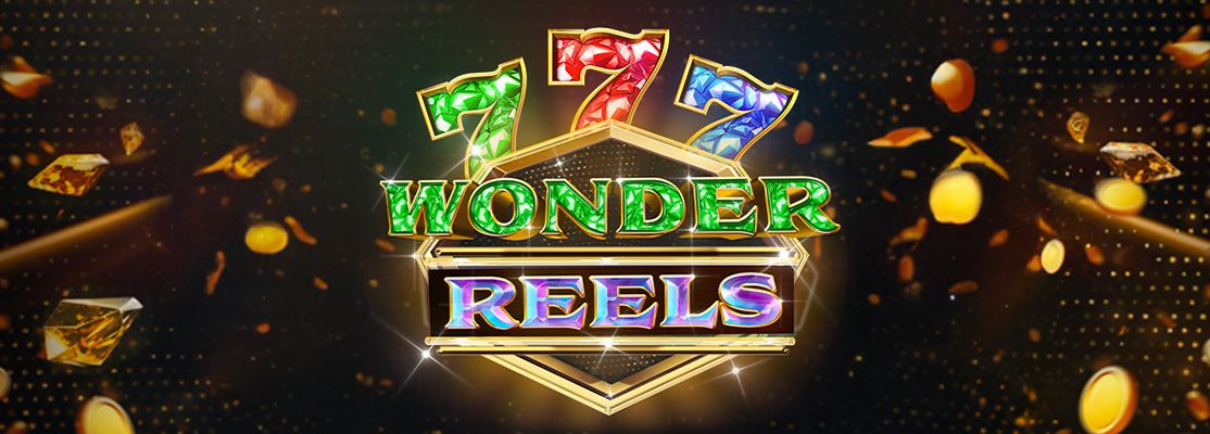 Glamorous 'Wonder Reels' logo with glittering green, red, and blue sevens against a starry, dark backdrop with flying gold coins.