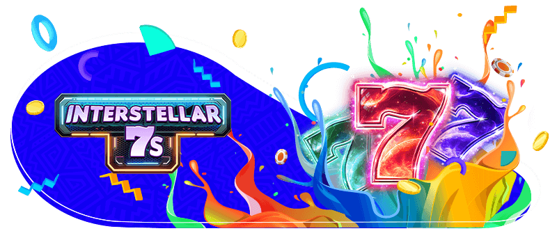 Colorful 'Interstellar 7s' logo with vibrant 7s, surrounded by swirling cosmic energy and colorful splashes on a blue and purple background with coins and stars.