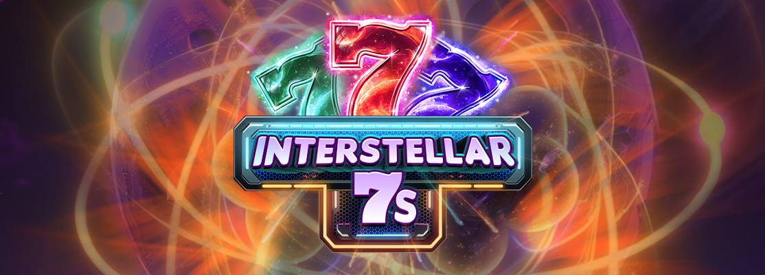 Colorful 'Interstellar 7s' logo with vibrant 7s on a swirling background featuring orange, purple, and green hues, resembling outer space with cosmic energy and planets.