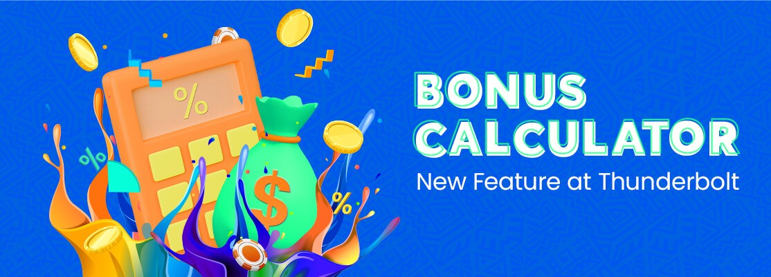 Banner announcing the new Bonus Calculator feature at Thunderbolt Online Casino, with a calculator, a money bag with a dollar sign, colorful splashes, and floating coins.