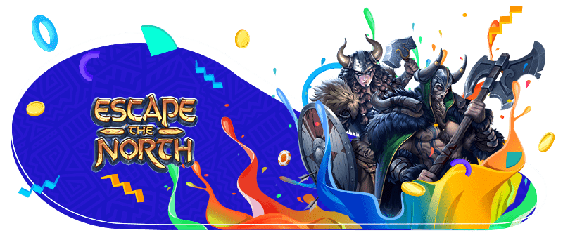 Escape the North game logo with Viking warriors in detailed armor and weapons, surrounded by vibrant blue, orange, green, and yellow abstract graphics with coins and geometric shapes.