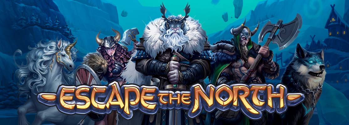 Escape the North game logo with Viking warriors in detailed armor, a white horse, and a wolf, set against a snowy mountainous background with dark blue tones.