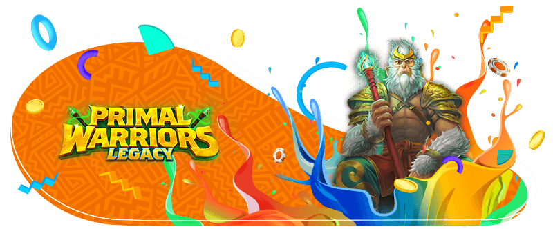 Promotional image for the new slot game 'Primal Warriors Legacy' featuring an elderly wizard with a glowing staff, set against an orange patterned background with colorful splashes and floating game elements.