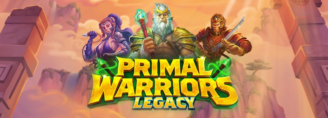 new slot game 'Primal Warriors Legacy' featuring three main characters: a female archer with a drawn bow, an elderly wizard holding a glowing staff, and a fierce warrior king wielding a sword, all standing in front of an ancient, mystical landscape.