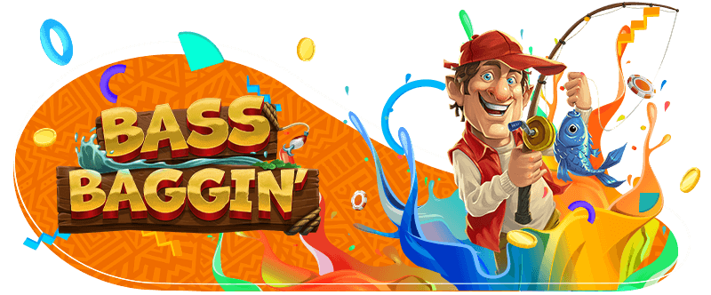 Colorful banner for the 'Bass Baggin' slot game featuring a smiling fisherman holding a fish on a vibrant, orange and multicolored background with scattered coins.