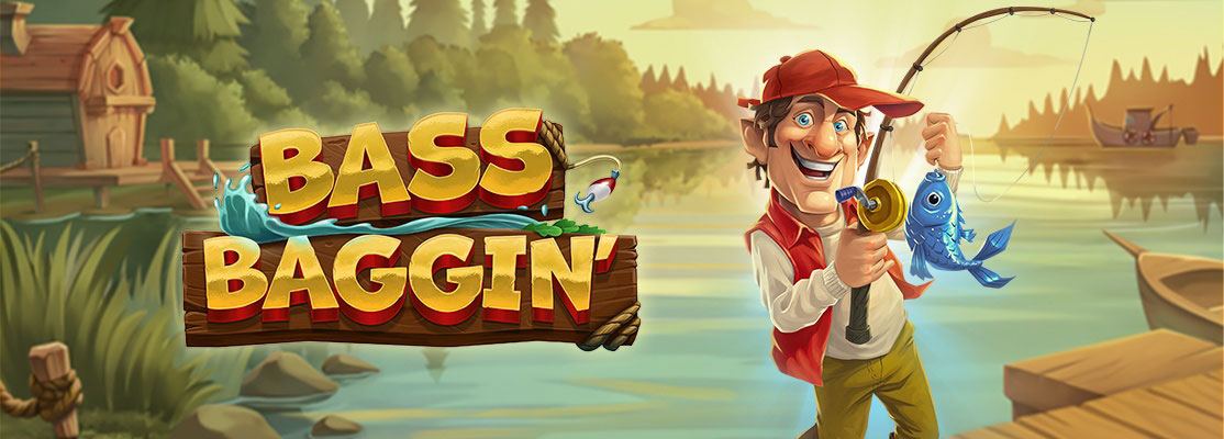 Bass Baggin' game banner featuring a cheerful fisherman holding a caught fish, set against a tranquil lakeside scene with a cozy cabin and lush forest.