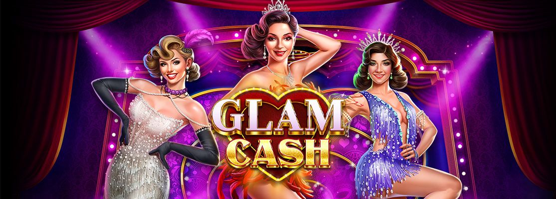 Three glamorous women dressed in sparkling, elegant outfits and tiaras, posing confidently under stage lights, with the text 'Glam Cash' in bold, gold letters centered in front of a glowing heart on a vibrant, theatrical background.