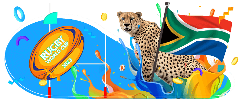 Rugby World Cup 2023, Rugby ball,Goal Posts, Cheetah, South African Flag 