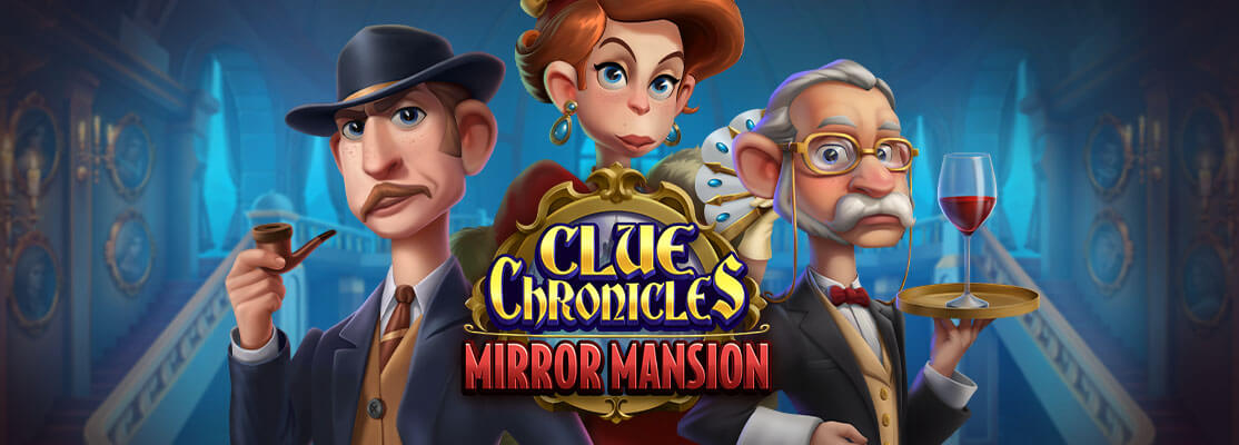 Clue Chronicles: Mirror Mansion slot logo with high-society madam, a mustached butlerand Sherlock wannabe in a Mirror Mansion