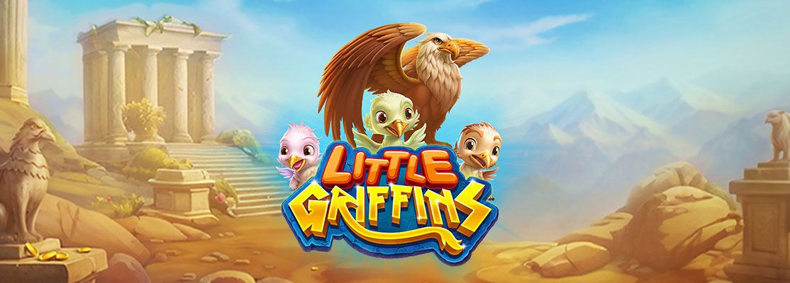 Little Griffins game logo with baby griffins and a majestic adult griffin set against an ancient temple and mountain landscape.