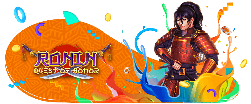 Ronin Quest of Honor slot game at Thunderbolt Casino featuring a fierce samurai warrior in red armor, surrounded by colorful, dynamic graphics.