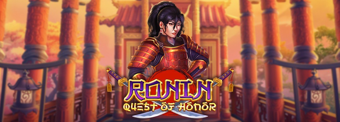 Ronin Quest of Honor slot game banner at Thunderbolt Casino, showcasing a powerful samurai warrior in red armor against a traditional Japanese temple backdrop.