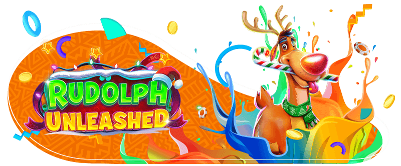 Rudolph the red-nosed reindeer holding a candy cane in his mouth, set against a bright orange background with colorful swirls, gold coins, and the text 'Rudolph Unleashed' in bold green and yellow letters.