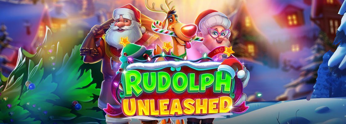 Christmas-themed illustration featuring Santa Claus, Mrs. Claus, and Rudolph the red-nosed reindeer holding a candy cane, with glowing festive decorations, snowy background, and the text 'Rudolph Unleashed' in bold green and yellow letters.