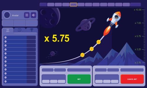 A vector image of crash game interface with a upwardly mobile rocket and x 5.75 muliplier