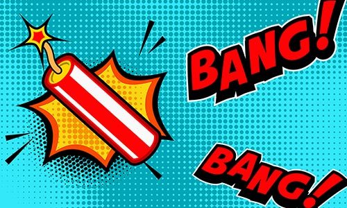 A pop art style illustration of a red stick of dynamite with the words ‘bang’ on a blue background 