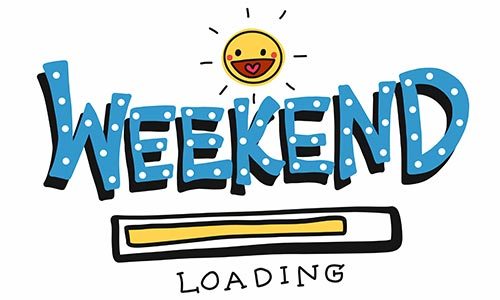 An illustration of a smiling sun with the word ‘Weekend’ in blue and a yellow ‘loading’ bar isolated on white