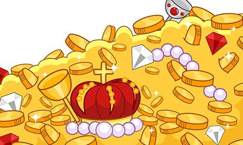 A vector image of a pile of treasure featuring gemstones, pearls, diamonds, crowns, coblets and gold coins 