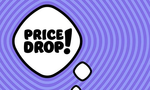 An illustration of a white speech bubble with the words ‘price drop’ on a purple lined pop art style background