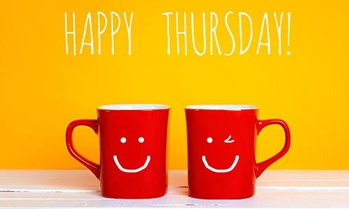 The words ‘Happy Thursday’ in white with two red coffee mugs with smiley faces on, against a yellow background