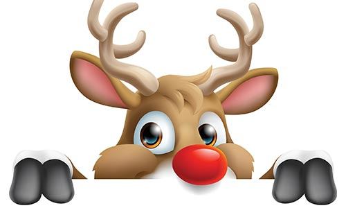 A cartoon-style illustration of Rudolph the reindeer peeking over a wall isolated on  white background